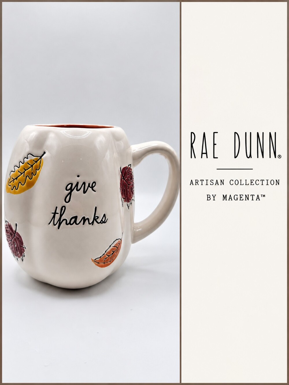 Rae Dunn Give Thanks Pumpkin Shaped Fall Leaves Mug Artisan NWOT